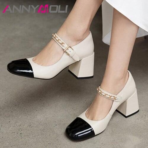 ANNYMOLI 2021 Spring Pumps Genuine Leather Women Shoes Chain Square Toe High Heels Buckle Strap Block Heel Female Footwear Beige