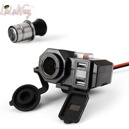 5V/2.1A Dual USB Charger Socket Waterproof Motorcycle Handlebar Clamp Power Adapter Charger USB Charging System with Cigarette