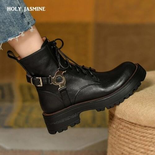 Retro Working Casual Women Ankle Boots Quality Genuine Leather High Heels 2021 Autumn Winter New Lace-Up Shoes Platform Boots