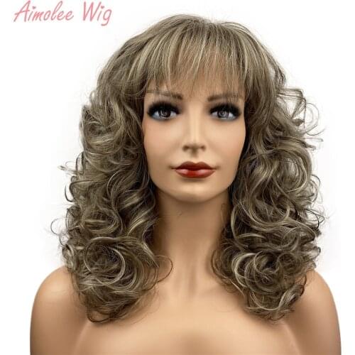 Aimolee Womens Long Curly Wig Hair Dark Brown/Blonde Mix Synthetic Wigs