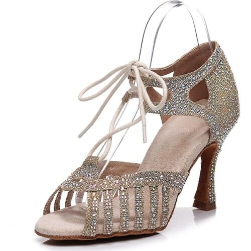 Woman Glitter Cloth Latin Dance Shoes for Girls Rhinestone Bachata Salsa Dancing Shoes for Wedding Kids Lace Up Latino Shoes