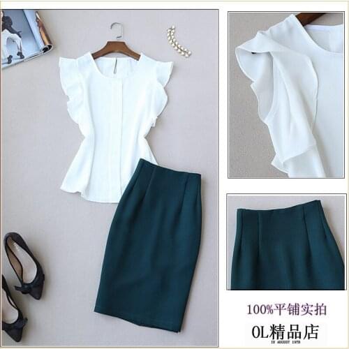 2 piece set women summer new fashion temperament suit female Slim ruffled shirt chiffon shirt + skirt professional two-piece