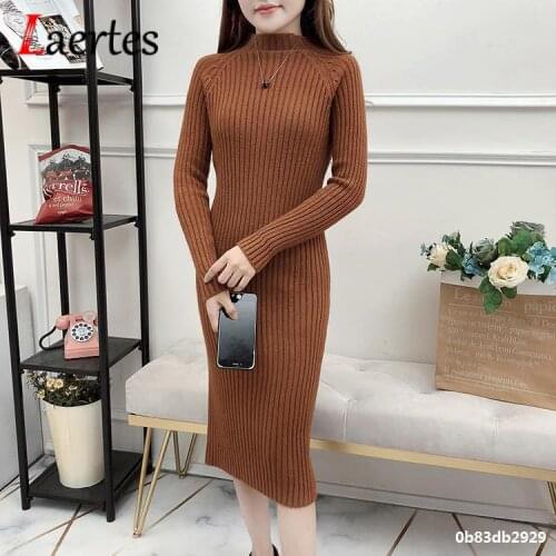 Laerteas 2021 Autumn Sexy Knitted Sweater Midi Dresses for Women Fall Winter Outfit Half High Neck Long Sleeve Bodycon Dress