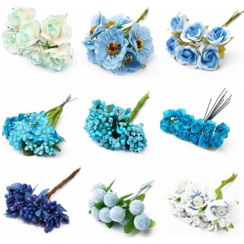 2020 Artificial Blue Flower Bouquet Cherry Branch Stamen Berries Bundle DIY Christmas Wedding Cake Gift Box Wreaths Party Decor