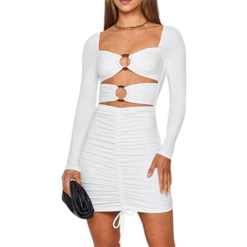 2021 Fashion Sexy Lady Hollow Out Bodycon Dress Women Long Sleeve Square Collar Solid Skinny Mini Dress Club Evening Party Dress