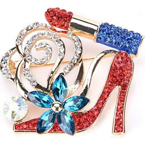 30pcs/lot New Fashion Classic Lipstick High Heels Blue Flower Pin White Rhinestone Lipstick High Heels Brooch For Gift/Party