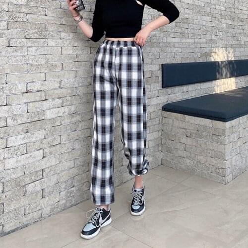 Wide Leg Pants Women Baggy Trousers Plaid Cotton Linen Ladies Spring Autumn High-Waist Loose Straight Pants Female Long Casual