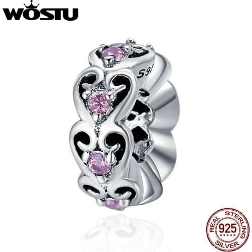 WOSTU Hot Sale Real 925 Sterling Silver Pink Heart Spacer Beads fit original Charm Bracelet For Women Jewelry Gift CQC339
