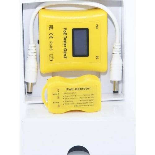 PoE Tester display shows Volts, Amps and Watts Passive PoE and DC Power supply + PoE Detector for 802.3af/at, Identify PoE type