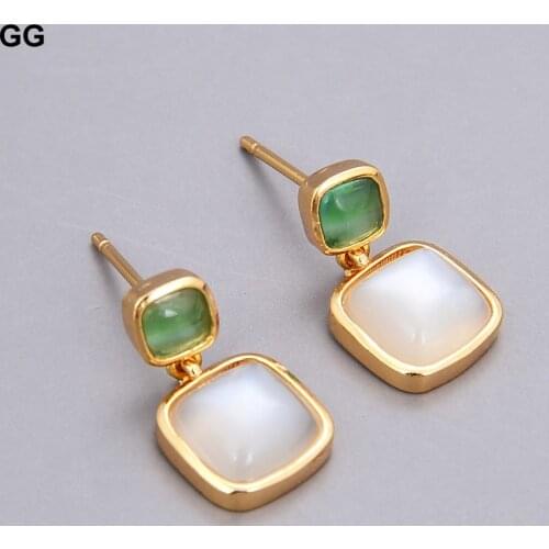 GuaiGuai Jewelry Square White Green Cat Eye Dangle Stud Earrings