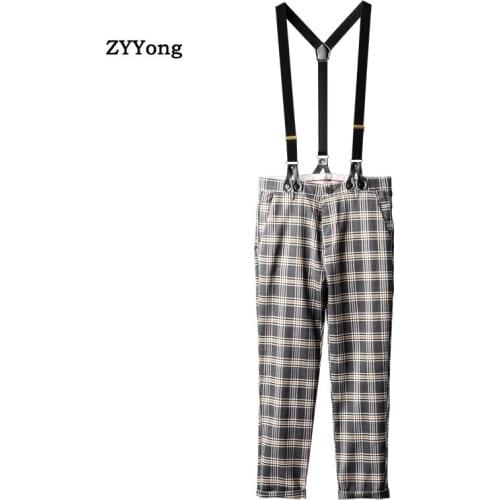 New Mens Bib Overalls Fashion Leisure Gray Lattice Suit Pants Large Size Gentleman Style Slim Jumpsuits Comfortable Trousers