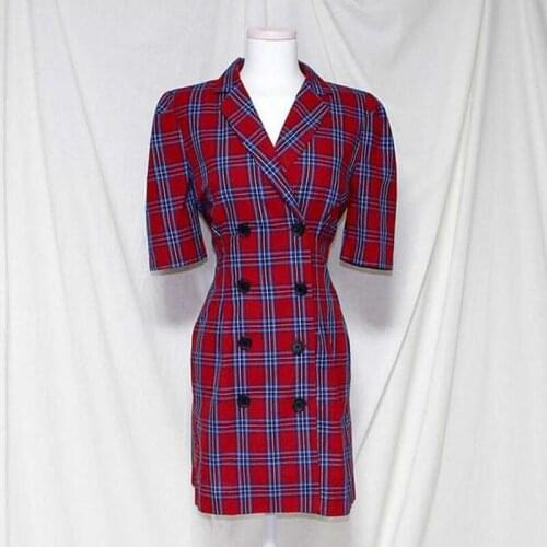 PERHAPS U Red Yellow Plaid Notch Collar Puff Sleeve Short Sleeve Double-breasted A Line Vintage Mini Dress D1329