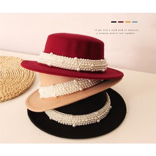 2021 2-6Y Children Vintage Bowler Hat Autumn and Winter Kids Girls Solid Color Wide Brim Pearls Flat-top Cap 8 Colors