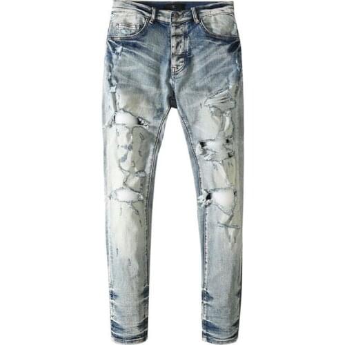 New fashion 2021 mens male trousers trendy brand big hole beggar made old slim jeans for men European and American high street