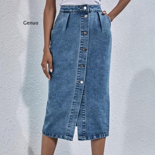 Single Breasted Knee Length Denim Skirt Women Streetwear Casual Pocket High Waist Straight Jeans Skirt New