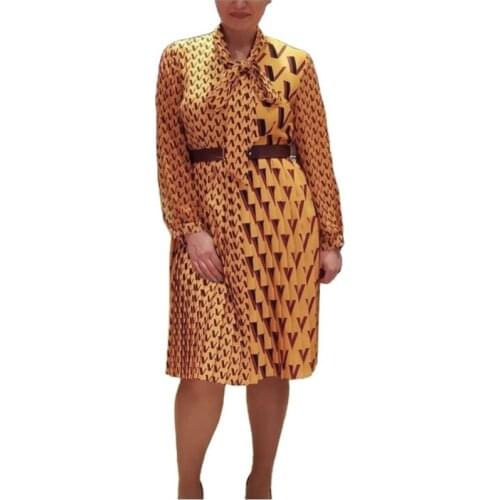 African Blouse Dress For Women Bow Neck Pleated Mid Calf Dress 2021 Fashion Dashiki Print African Design Party Vestidos Clothing