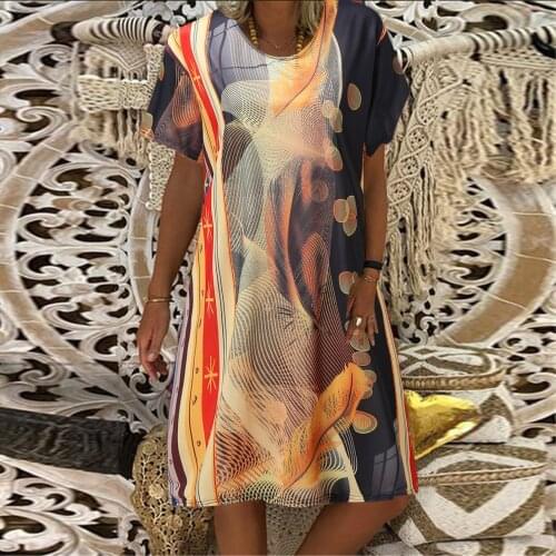 Straight Party Dress Women O Neck Short Sleeve Boho Print Casual Loose Dress Oversized Cotton And Line Knee Length Sundress 40