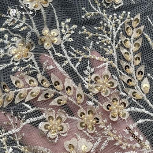 Gold Luxury Beaded Applique Bridal Lace Fabric Gold Embroidery Flowers and Leaves Sequins High-end Dress Fabric Lace RS1842