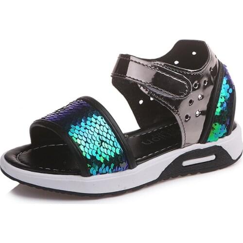 Skoex New Girls Sandals Summer Shoes Children Sparkle Paillette Open Toe Flat Sandals Ankle Strap Kids Fashion Casual Sneakers