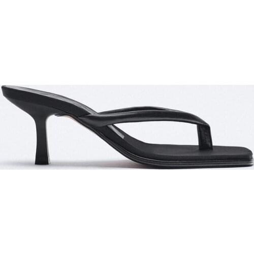 LMCAVASUN Black square toe high heels Sheep leather Flip Flops