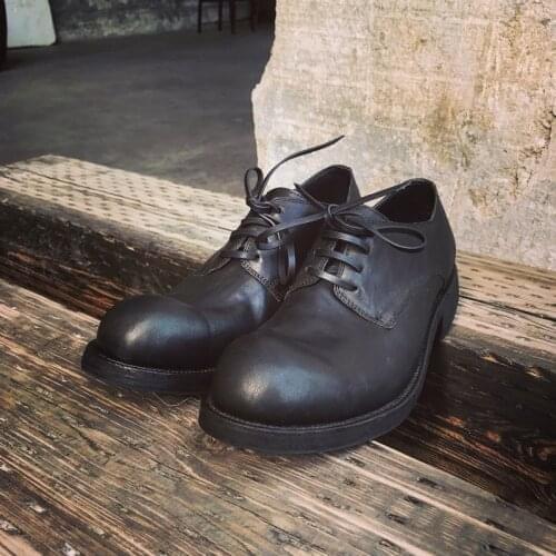 Luxury Casual Real Leather Shoes Men Handmade Horse Skin Round Toe Vintage Dress Shoes Brand Lace-Up Work Safety Zapatos Hombre