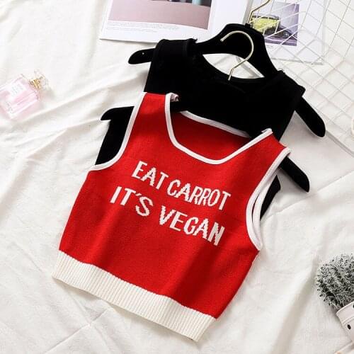 Women Knitted Tank Tops Eat Carrot Its Vegan Patchwork Printed Women Camis Girl Vests Tops