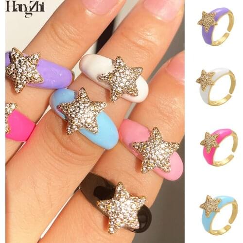 HangZhi 2021 New Shining Rhinestones Star Colorful Enamel Open Resizable Geometric Golden Metal Ring for Women Party Jewelry