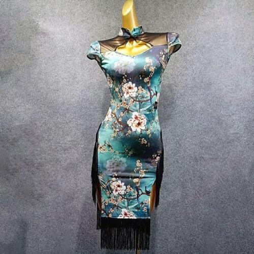 2020 New Sleeveless Bare Bacck Floral Short Tassel Latin Dance Dress Dancing Performance Women Dress Ballroom Samba Tango W257