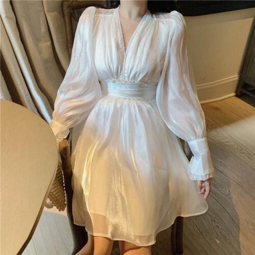 Elegant Korean dress V-neck temperament waist was thinner mid-lengthA-lineMiniBackless Partydress womens 2021 autumn new style