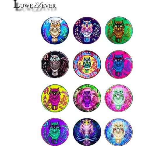 10mm 14mm 16mm 12mm 20mm 25mm 395 12pcs/lot Owl Mix Round Glass Cabochons Jewelry Findings 18mm Snap Button Charm Bracelet