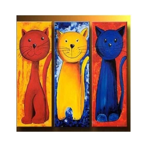 3 pcs Hand Painted Happy Kittenns-Modern Canvas Art Wall Decor-Animal Oil Painting Wall Art