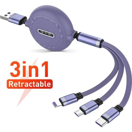 For iPhone 3in1 8 Pin Micro USB Type C Cable for Huawei Samsung USB C Charger Cable Retractable 120cm 3A Charging USB C Cable