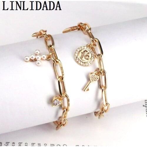 5Pcs,CZ Micro Pave Lock Key /Pearl Cross Charms Bracelet, Gold Color Bracelet, New design Chain Link Bracelets