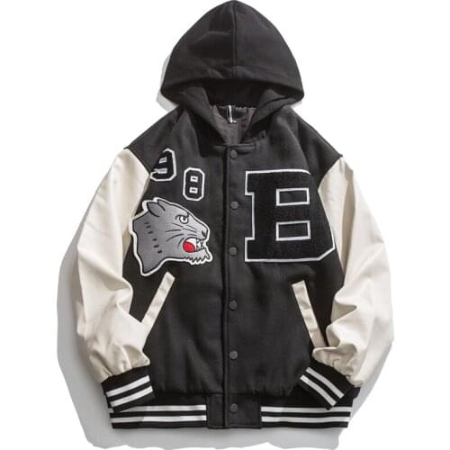 Hip Hop Baseball Jacket Men Streetwear Leopard Letter B Embroidery Hooded Bomber Varsity College Retro Japan Fashion Jacket Coat