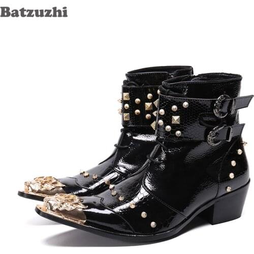 Batzuzhi 6.5cm Men Ankle Boots Pointed Metal Tip Rock Ankle Boots Men Rivets Punk Black Leather Boots Men Botas Militares, 38-46