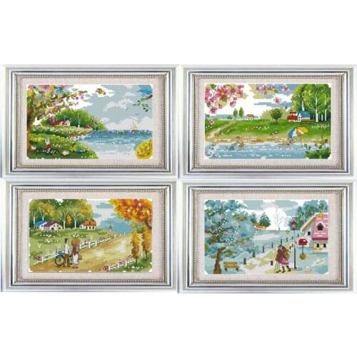 Four Seasons Scenic Spring, Summer, Autumn and Winter Quadruplet Cross-stitch Cotton Printed Fabric DIY Manual Embroidery Kit