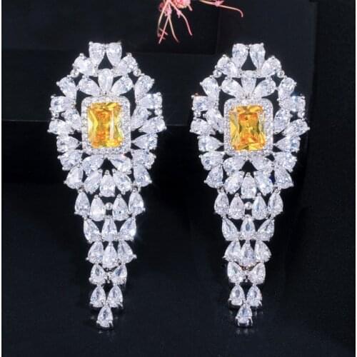 CWWZircons Brand Women Party Jewelry White Gold Color Luxury Square Yellow CZ Stone Long Drop Earring with Zircon CZ315