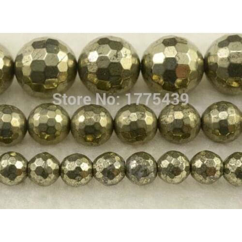 Factory Priac Natural Stone Faceted Iron Pyrite Round Loose Beads 16" Strand 4 6 8 10 12MM Pick Size For Jewelry Making