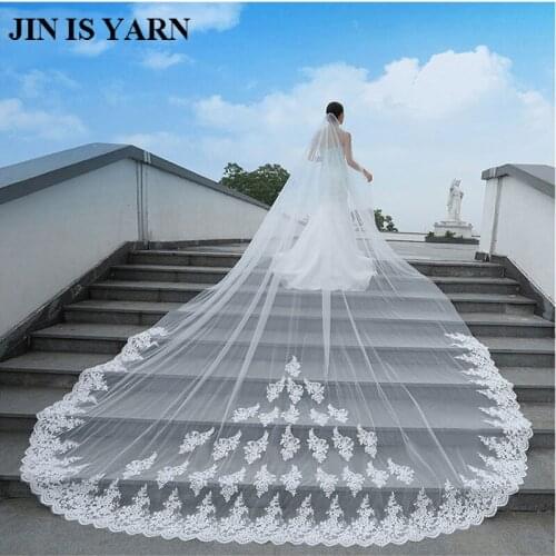 JIN IS YARN 4M Wedding Veil Cathedral One Layer Lace Appliqued Long Bridal Veils With Comb Woman Marry Gifts 2019 New Accessorie