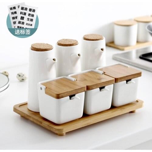 Ceramic flavoring bottle can seasoning box oil bottle vinegar pot soy sauce pot storage condiment tank salt pepper shaker set