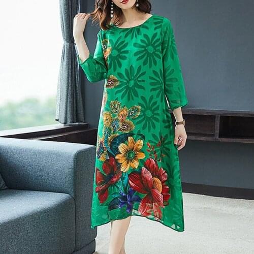 L-4XL Noble ladys Dress Spring 2020 New Womens Temperament Loose Green Dress Seven Point Sleeve Flower Large Size Vestido r294