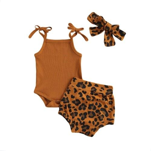 Summer Infant Baby Girl Clothes Sets Strap Lace-up Bodysuit Leopard Print Shorts Headband 3Pcs Cute Baby Girl Outfits 0-18M