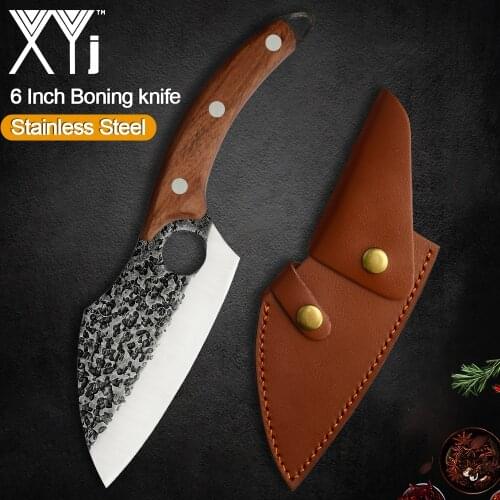 XYj Hiking Camping Knife Set Leather Cover Sheath Handmade Forged Kitchen Hollow Blade Tactical Fixed Blade Chef Knife Tools