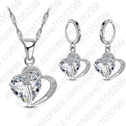 925 Sterling Silver Hearts Pendants Necklace Drop Earrings Jewelry Sets Bridal Wedding Jewellry For Women Girl