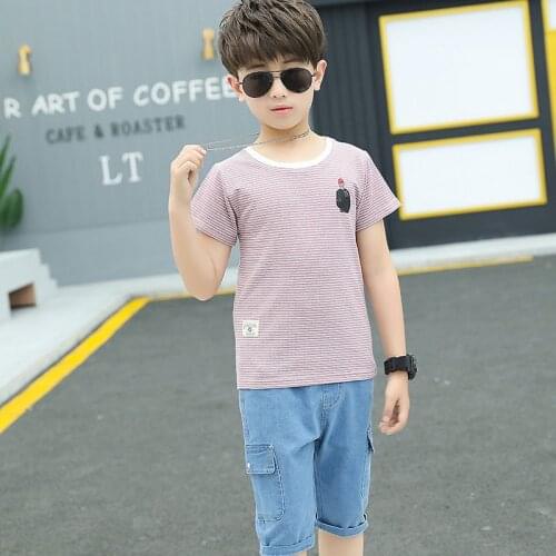 Baby boy clothing clothes two-piece striped lattice short-sleeved T-shirt sweatshirt + jeans fashion handsome quality kids wear