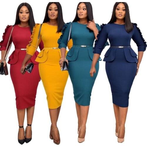 African Female Elastic Sheath New Tight Robes Autumn Fashion Women Bodycon Dresses Slim Ruffles Elegant Office Ladies Work Wear