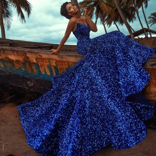 Stunning Royal Blue Sequined Evening Dress Sweetheart Ruffles Sweep Train Prom Gowns for Women Formal Party Dress