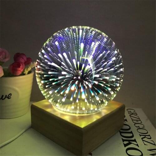3D Transparent Glass Ball Night Lights Magic Colorful Firework Light Solid Wood Base Festival Atmosphere Lamp
