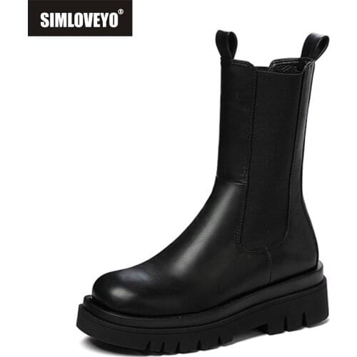 SIMLOVEYO Big Size 33-43 Fur Women Boots Square Heels Chelsea Boots Slip On Thick Sole Ladies Shoes Autumn Winter Ankle Bootas