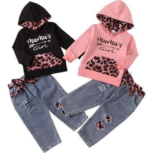 2021 New Spring 6M-3Y Kid Baby Girl 2Pcs Set Leopard Pocket MAMAS GIRL Letter Print Long Sleeve Hoodie+Ripped Jeans Clothes